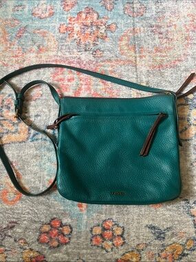Fossil Teal Leather Crossbody with Brown Accents